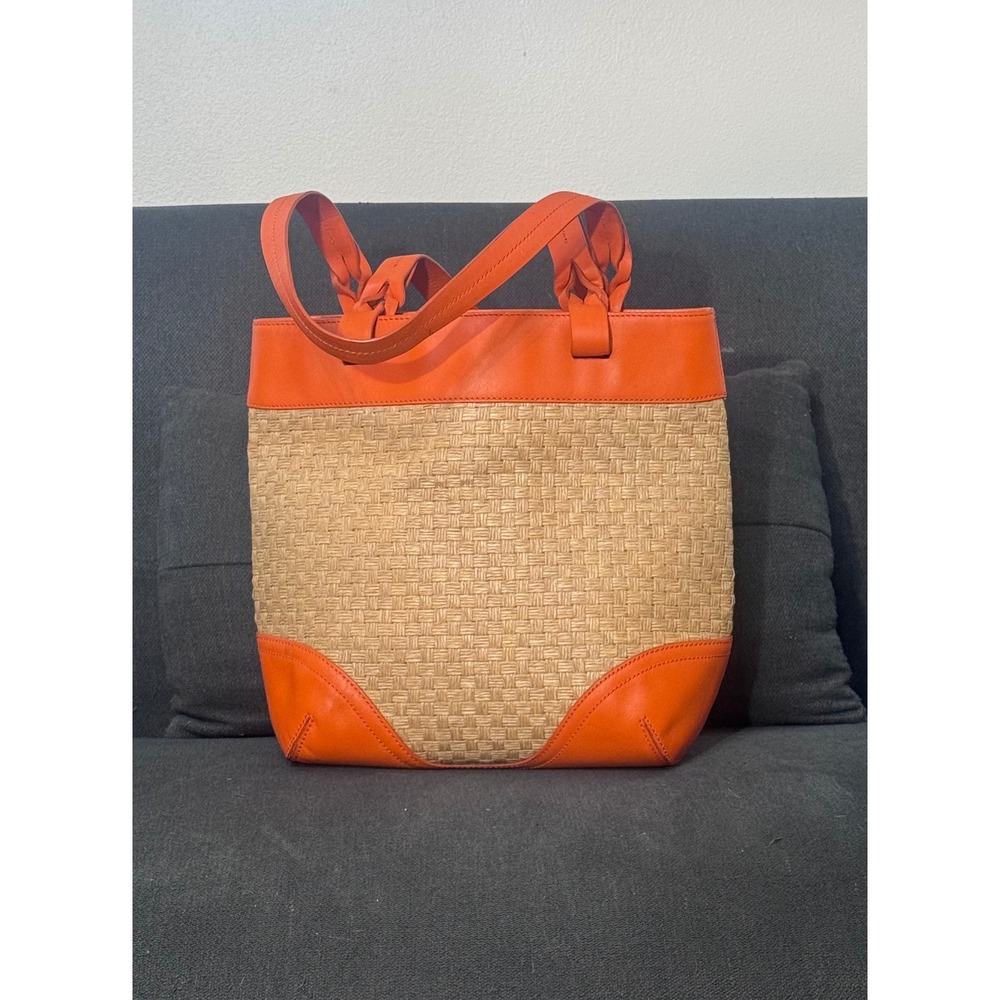 Preston & York Orange Leather Woven Straw Tote Bag Summer Beach Handbag